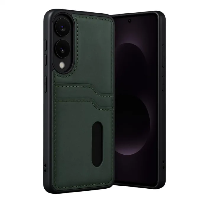 Samsung Galaxy S25 Edge Sara Kartvizitli Deri Kılıf - Koyu Yeşil