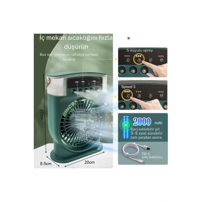 Şarjlı 600 Ml Su Hazneli Taşınabilir Masaüstü Vanilatör  Güçlü Fan Ve 2000 Mah Pil Beyaz