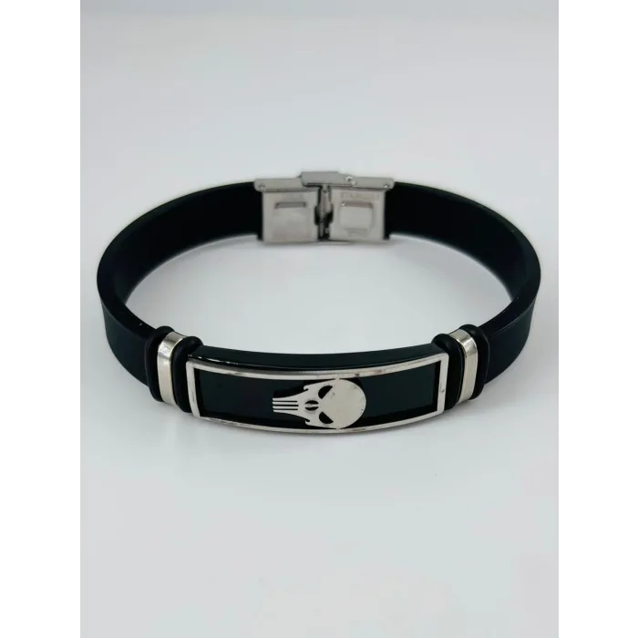 Siyah Silikon / Çelik  Erkek Deri Bileklik 20 Cm  - Ebl0100
