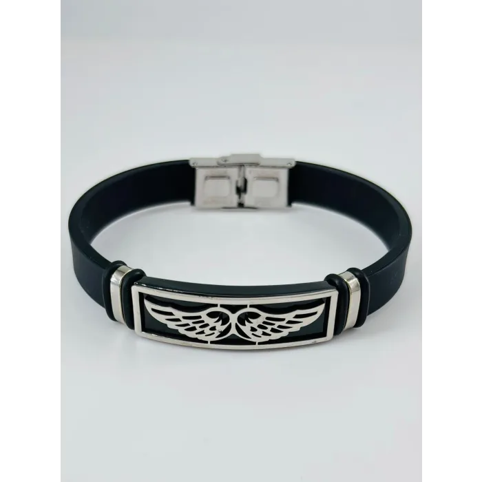 Siyah Silikon / Çelik  Erkek Deri Bileklik 20 Cm  - Ebl0127