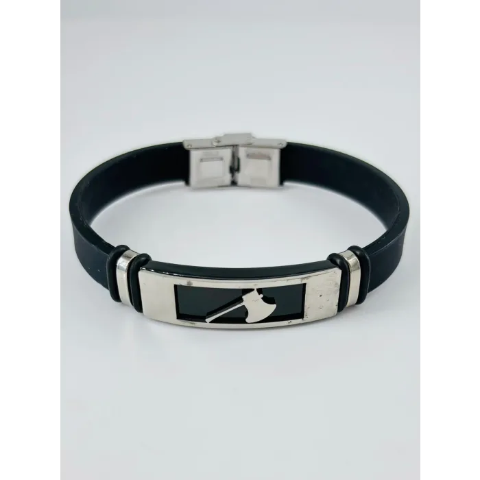 Siyah Silikon / Çelik  Erkek Deri Bileklik 20 Cm  - Ebl0110