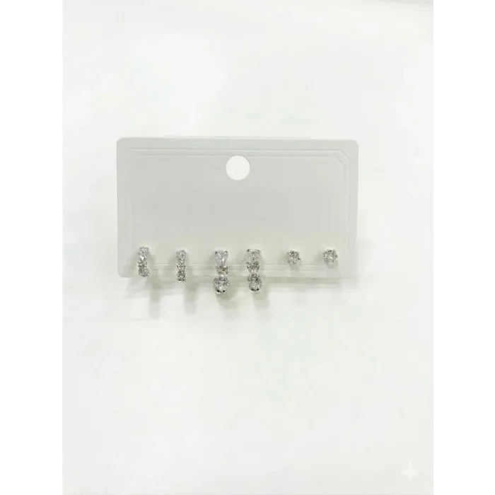Rodyum Zirkon Taşlı Pirinç Altılı  Kombin Küpe - Kp00616