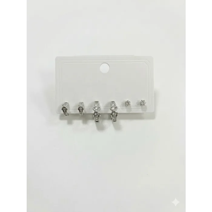Rodyum Zirkon Taşlı Pirinç Altılı  Kombin Küpe - Kp00626