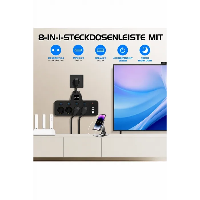 Termal Akım Korumalı 4’lü Duvar Tipi Priz 2x Usb 2x Type-c Çıkışlı Grup Priz Çoğaltıcı Siyah (2500w)
