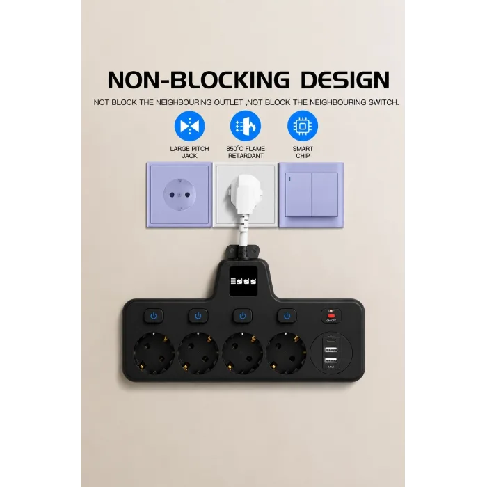 Termal Akım Korumalı 4’lü Duvar Tipi Priz 2x Usb 2x Type-c Çıkışlı Grup Priz Çoğaltıcı Siyah (2500w)