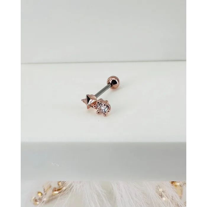 Rose Zirkon Taşlı Uç Kısmı : Pirinç Kıkırdak Bar Uzunluğu : 6 Mm / Bar Kalınlığı 0.8 Mm / Top Boyu 3 Mm - Pt0009-2