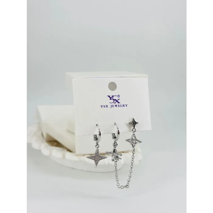 Rodyum Zirkon Taşlı Pirinç Üçlü Kombin Küpe - Kp00546