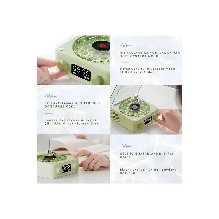 Waves Nostalji Plak Görünümlü Bluetooth Hoparlör 3d Ses Dalgası Retro Müzik Plak Yeşil