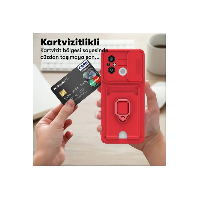 Xiaomi Redmi 12c Kılıf Zuma Kartvizitli Yüzüklü Silikon - Kırmızı