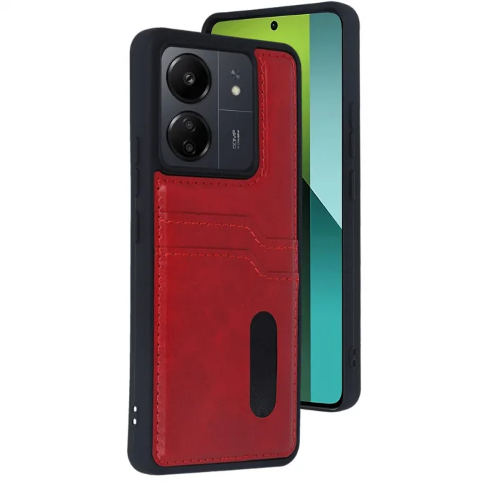 Xiaomi Redmi 13c Kılıf Sara Kartvizitli Deri Kılıf - Kırmızı