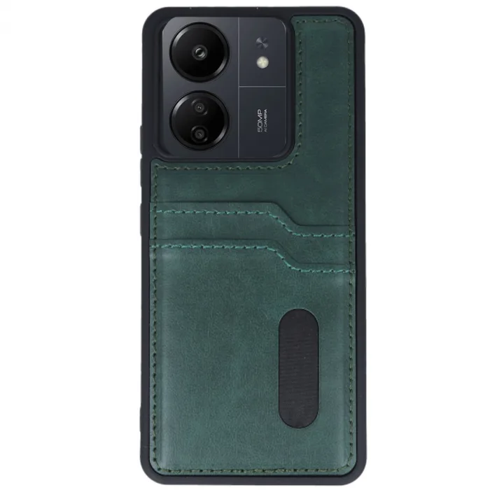 Xiaomi Redmi 13c Kılıf Sara Kartvizitli Deri Kılıf - Koyu Yeşil