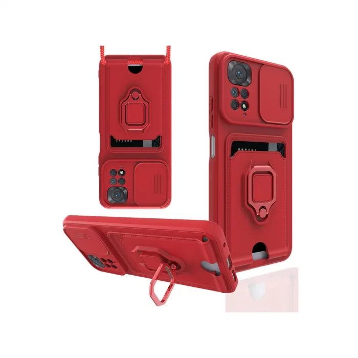 Xiaomi Redmi Note 11 Kılıf Zuma Kartvizitli Yüzüklü Silikon - Kırmızı