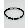 Siyah Deri / Çelik  Erkek Deri Bileklik 20 Cm  - Ebl0096