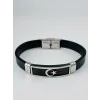Siyah Deri / Çelik  Erkek Deri Bileklik 20 Cm  - Ebl0124