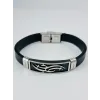 Siyah Deri / Çelik  Erkek Deri Bileklik 20 Cm  - Ebl0109