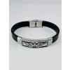 Siyah Deri / Çelik  Erkek Deri Bileklik 20 Cm  - Ebl0093