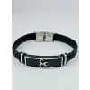 Siyah Deri / Çelik  Erkek Deri Bileklik 20 Cm  - Ebl0121