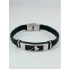 Siyah Deri / Çelik  Erkek Deri Bileklik 20 Cm  - Ebl0115
