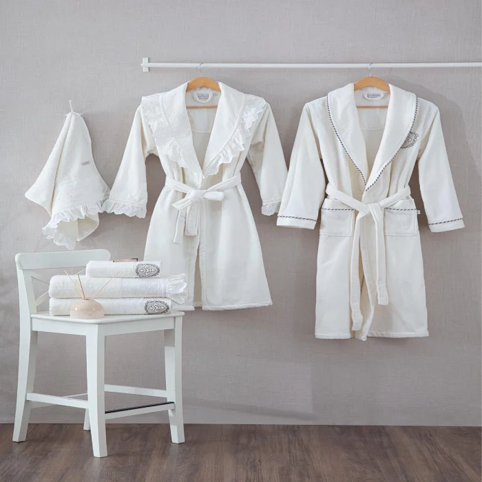 EcoCotton Elsa 10 Parça %100 Organik Pamuk Aile Bornoz Seti-Krem/Krem - Medium-Large