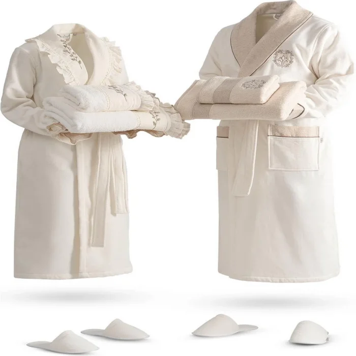 EcoCotton Leyna 10 Parça %100 Organik Pamuk Nakışlı  Aile Bornoz Seti-Krem/Krem - Medium/Large