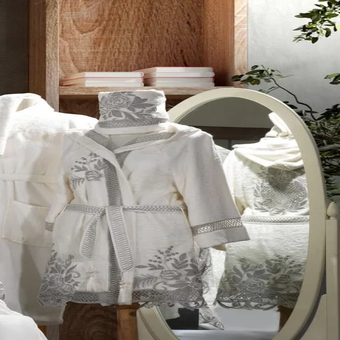 Zebra Casa Flora Balayı Bornoz Seti-Krem/Gri