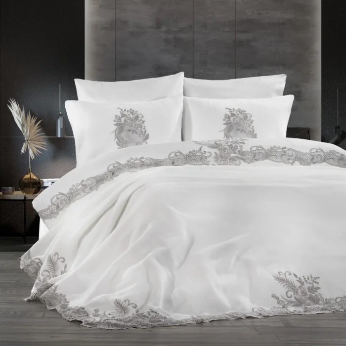 Zebra Casa Flora Nevresimli Battaniye Seti-Krem/Silver