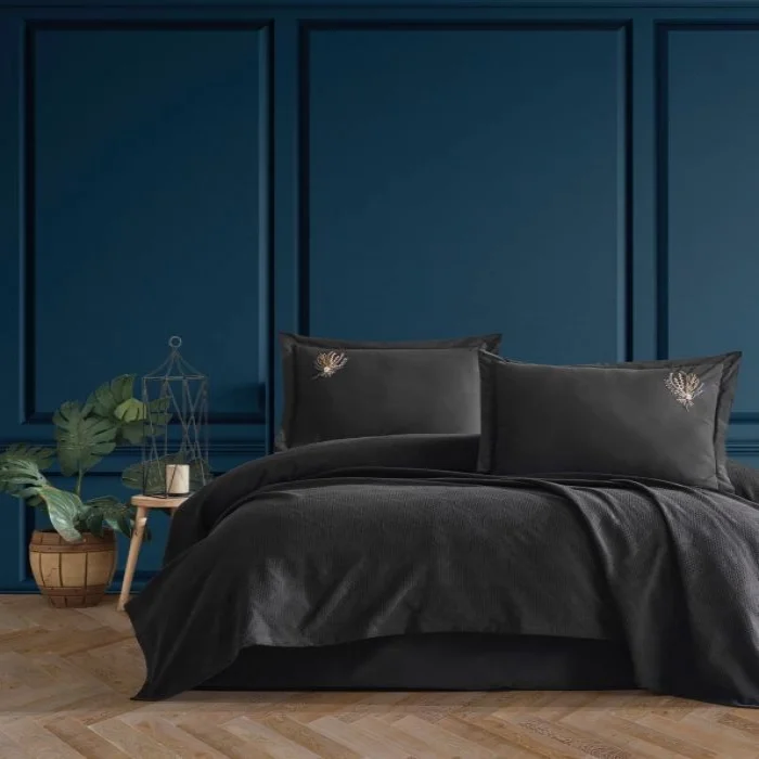 Zebra Casa Sandal Çift Kişilik Pike Takımı-Siyah