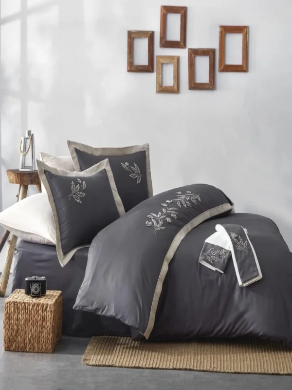 ZebraCasa Casalini  El  Nakışlı  Pamuk Saten Nevresim Takımı Çift Kişilik-Gri