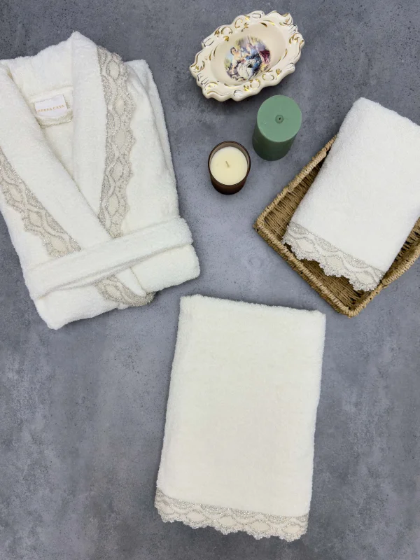 Zebra Casa Holly 6 Parça %100 Pamuk Aile Bornoz Seti-Krem/Krem