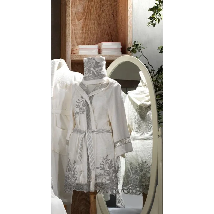 Zebra Casa Flora Balayı Bornoz Seti-Krem/Gri