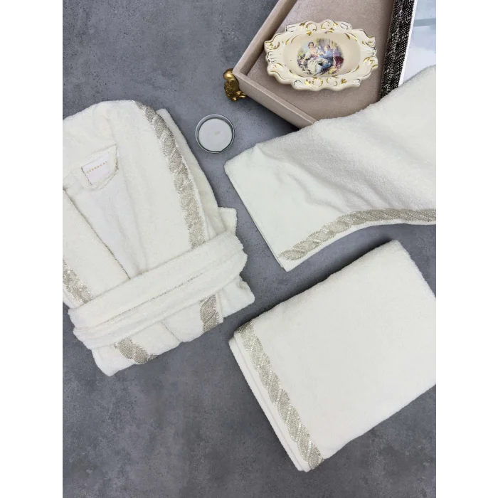 Zebra Casa Grace 6 Parça %100 Pamuk Aile Bornoz Seti-Krem/Krem