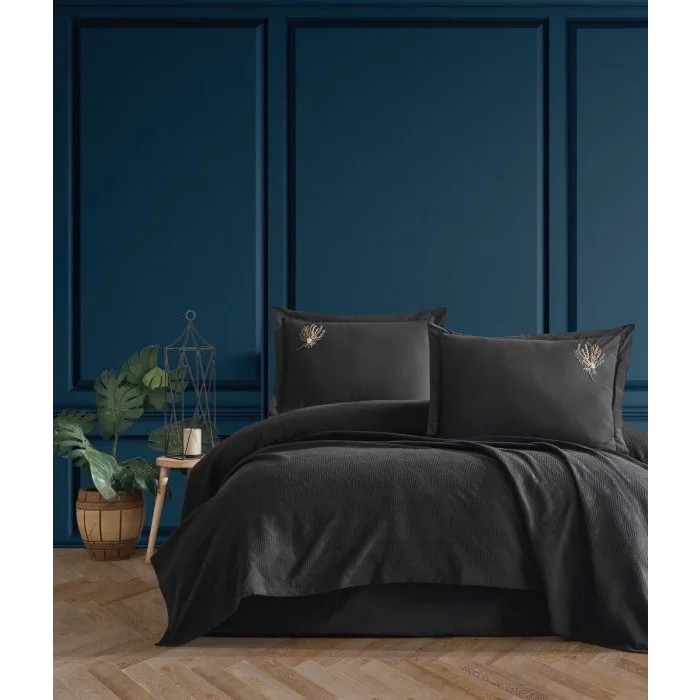 Zebra Casa Sandal Çift Kişilik Pike Takımı-Siyah