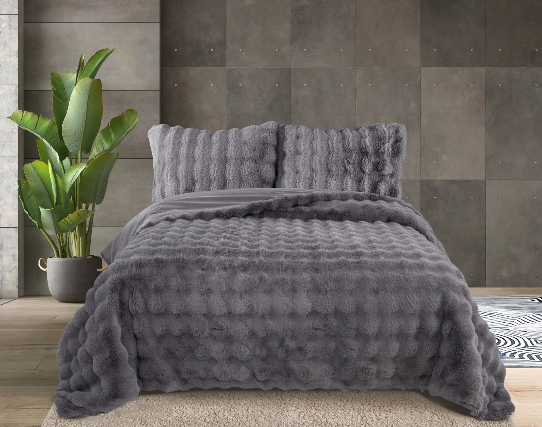 Zebra Casa Bonny Kürk Yatak Örtüsü Çift Kişilik-Gri