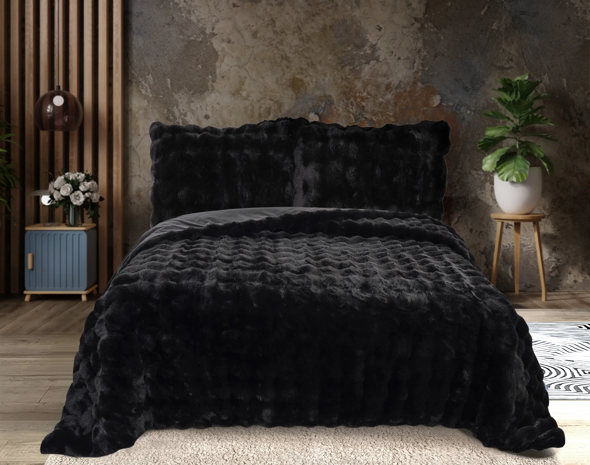 Zebra Casa Bonny Kürk Yatak Örtüsü Çift Kişilik-Siyah