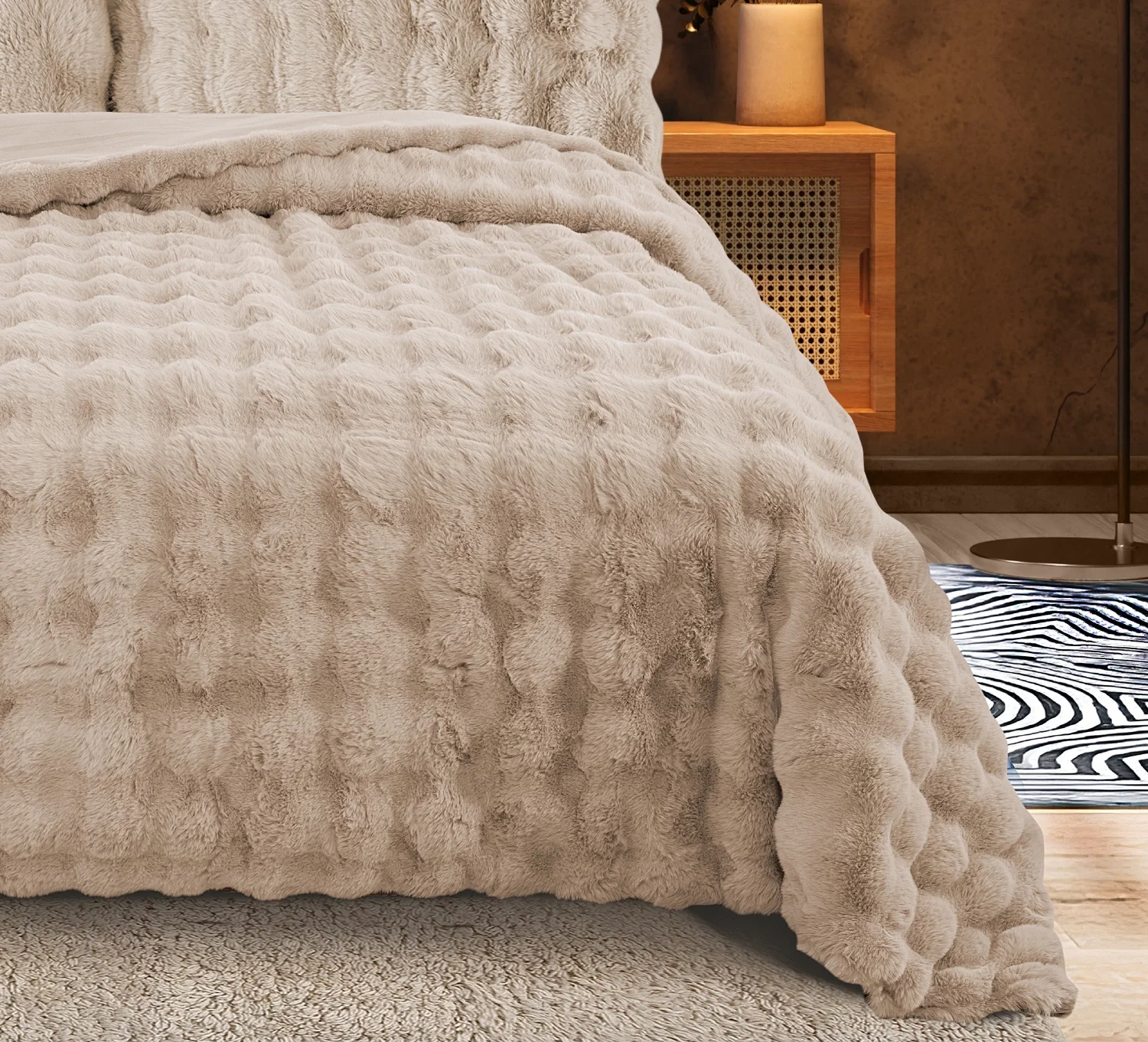 Zebra Casa Bonny Kürk Yatak Örtüsü Çift Kişilik-Vizon