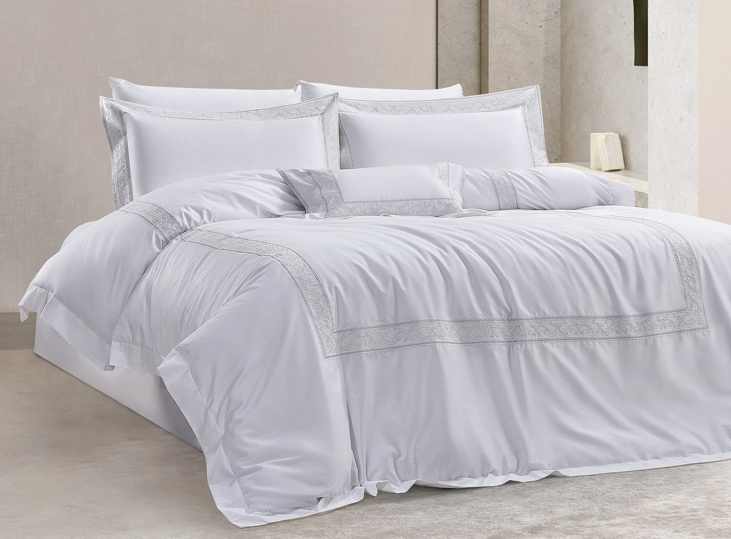 Zebra Casa Drew 7 Parça Çift Kişilik Luxury Dantelli Nevresim Takımı-Krem 400Tc