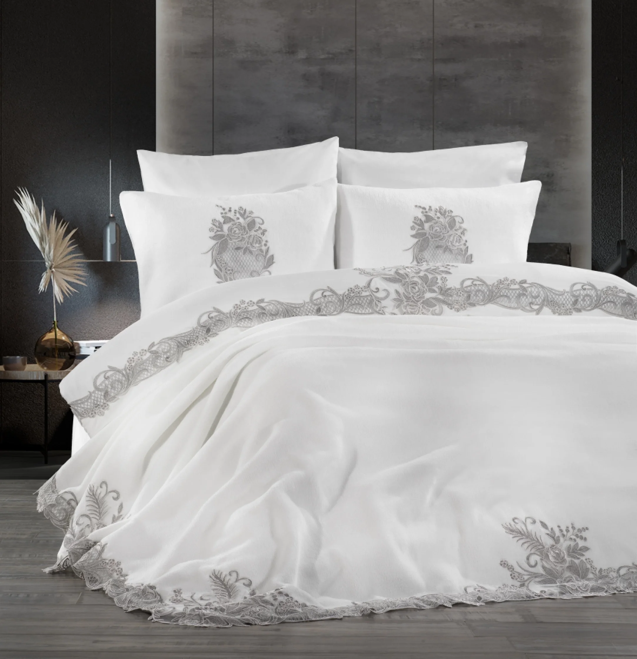 Zebra Casa Flora Nevresimli Battaniye Seti-Krem/Silver