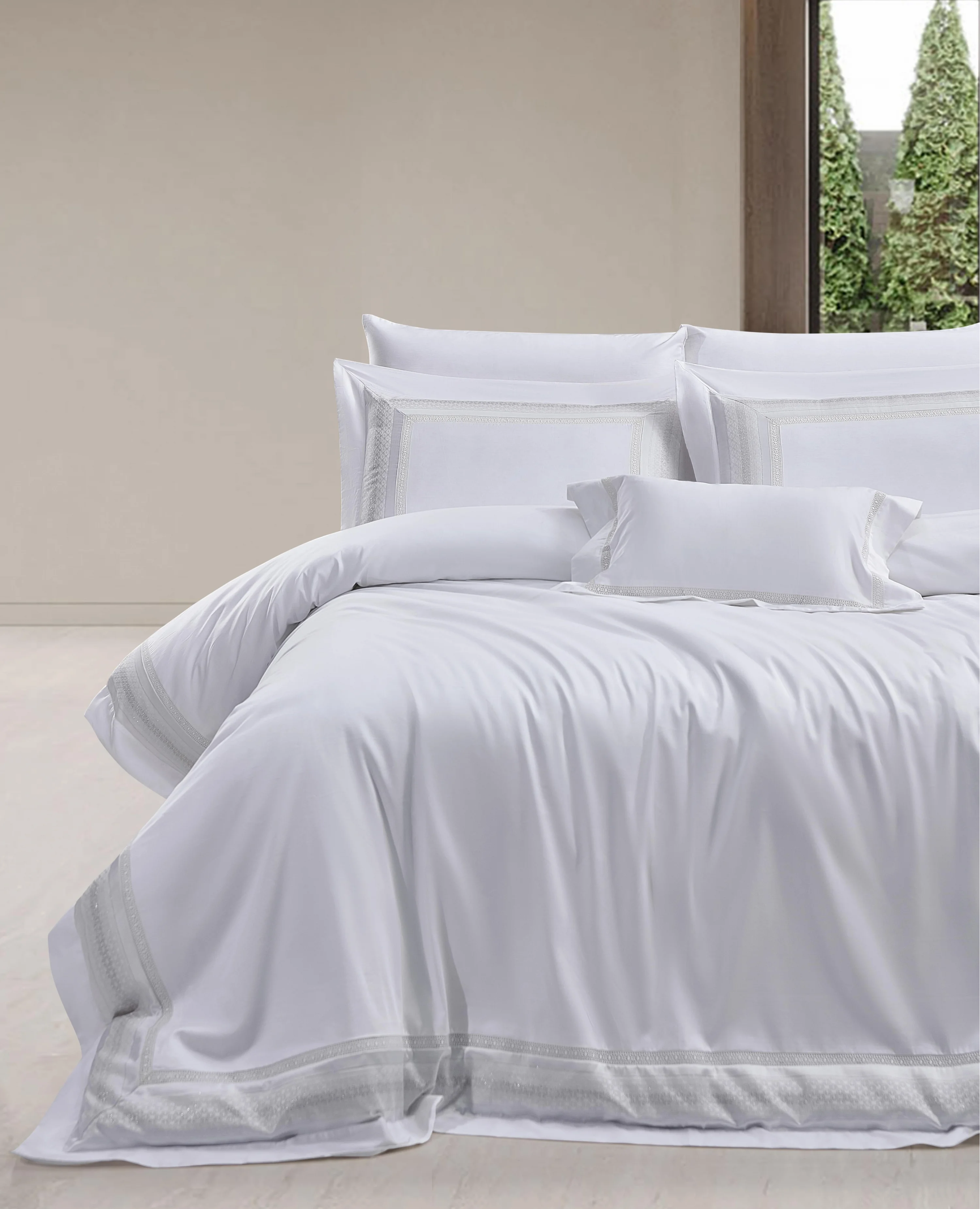 Zebra Casa Idella 7 Parça Çift Kişilik Luxury Dantelli Nevresim Takımı-Krem 400Tc