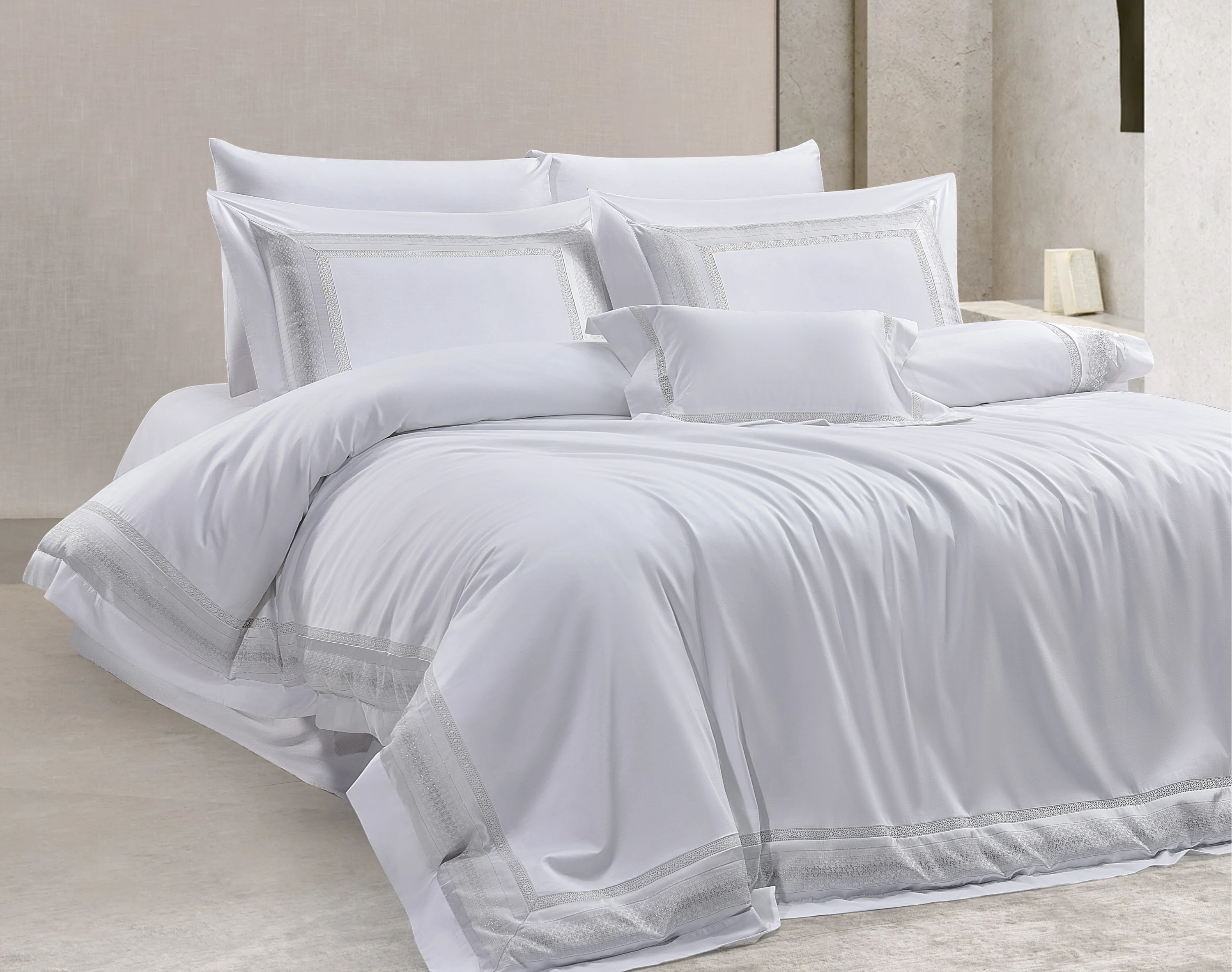 Zebra Casa Idella 7 Parça Çift Kişilik Luxury Dantelli Nevresim Takımı-Krem 400Tc