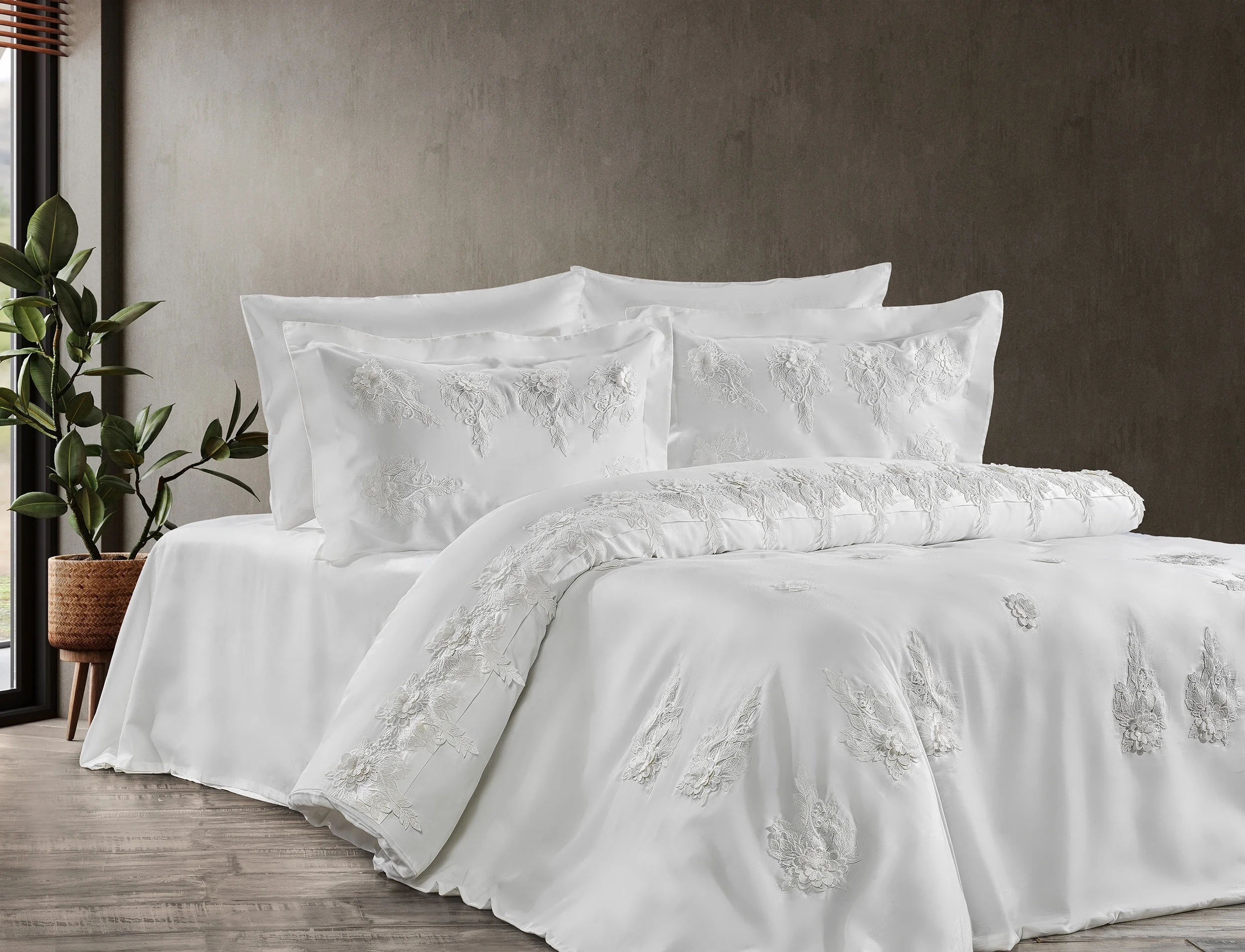 Zebra Casa Laıra 6 Parça Çift Kişilik Dantelli Nevresim Takımı-Krem