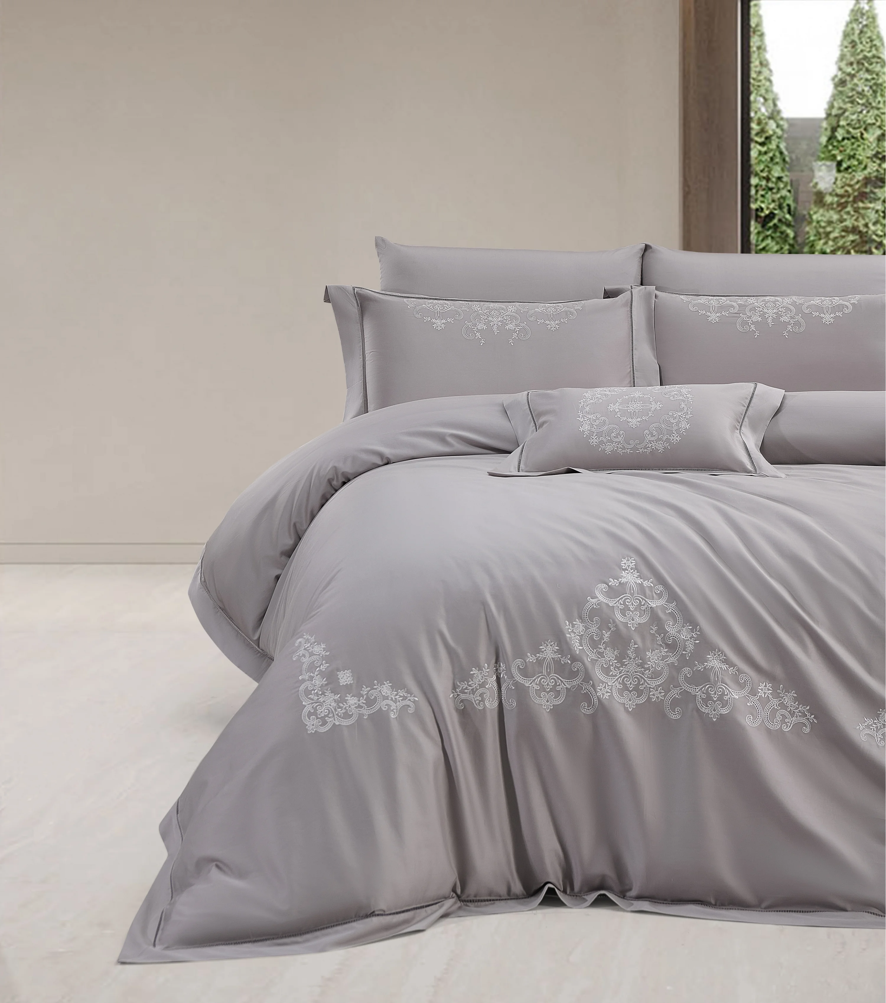 Zebra Casa Melvin 7 Parça Çift Kişilik Luxury Dantelli Nevresim Takımı-Gri 400Tc