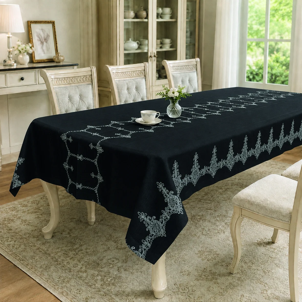 Zebra Casa Noella Nakışlı Masa Örtüsü 160X260-Siyah/Gümüş