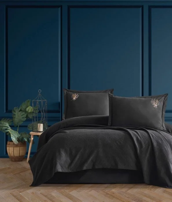 Zebra Casa Sandal Çift Kişilik Pike Takımı-Siyah