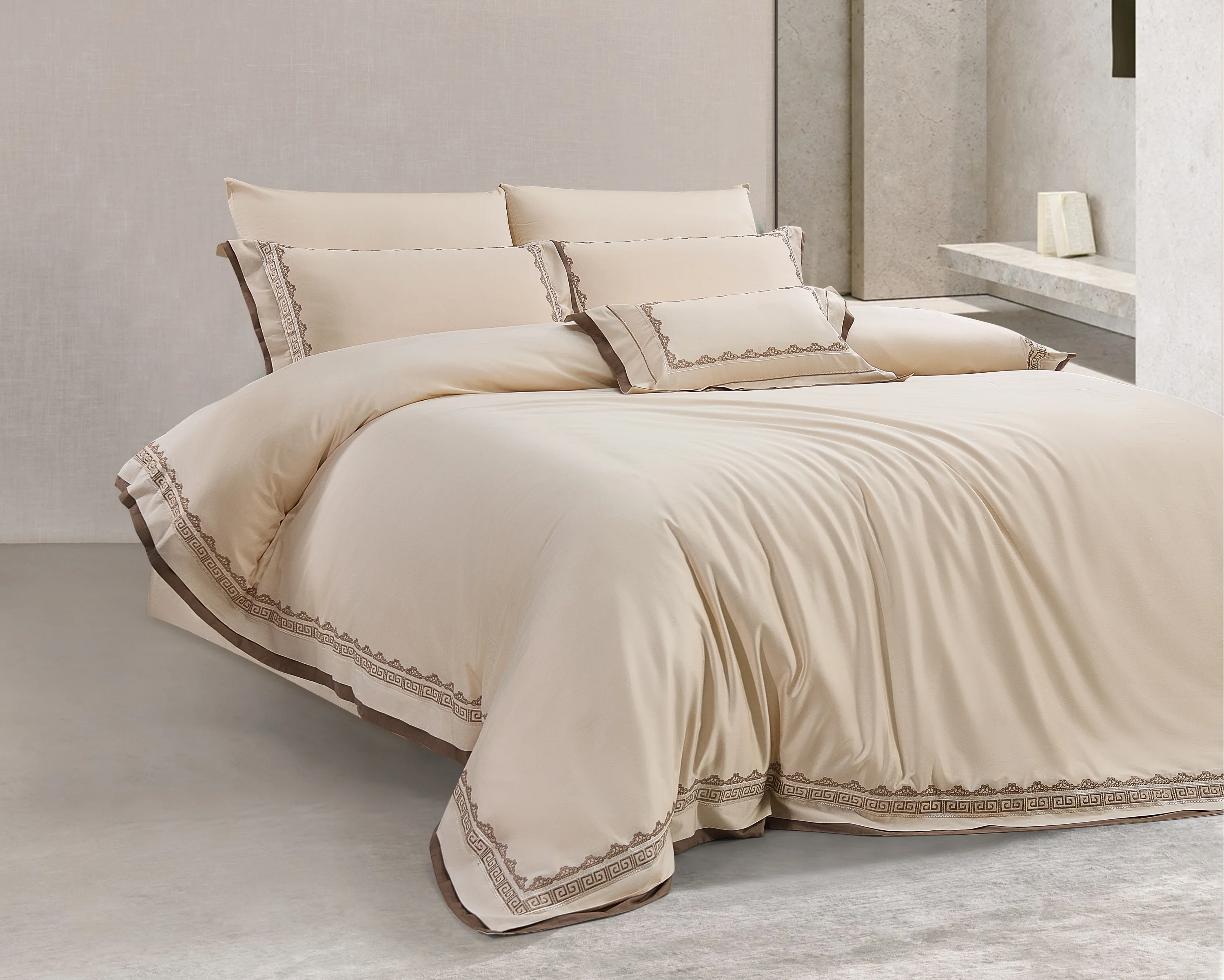 Zebra Casa Soren 7 Parça Çift Kişilik Luxury Dantelli Nevresim Takımı-Bej 400Tc