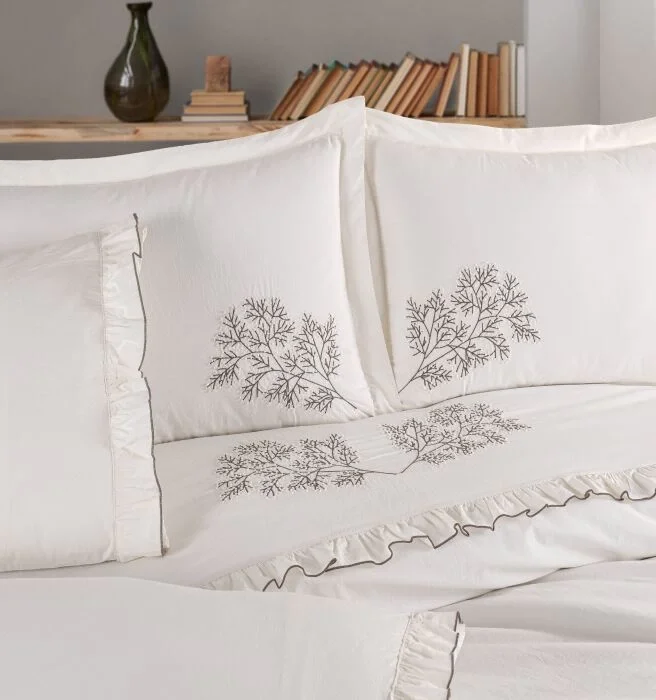 Zebra Casa Troya Naturel Nakışlı Çift Kişilik Nevresim Takımı-Krem