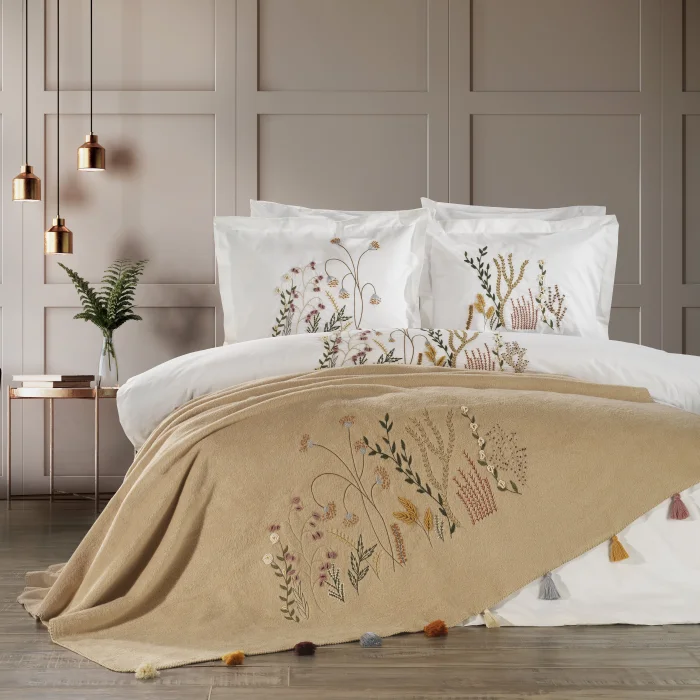 Zebra Casa Lenora 7 Parça El İşi Nakışlı Battaniye Seti-Bej