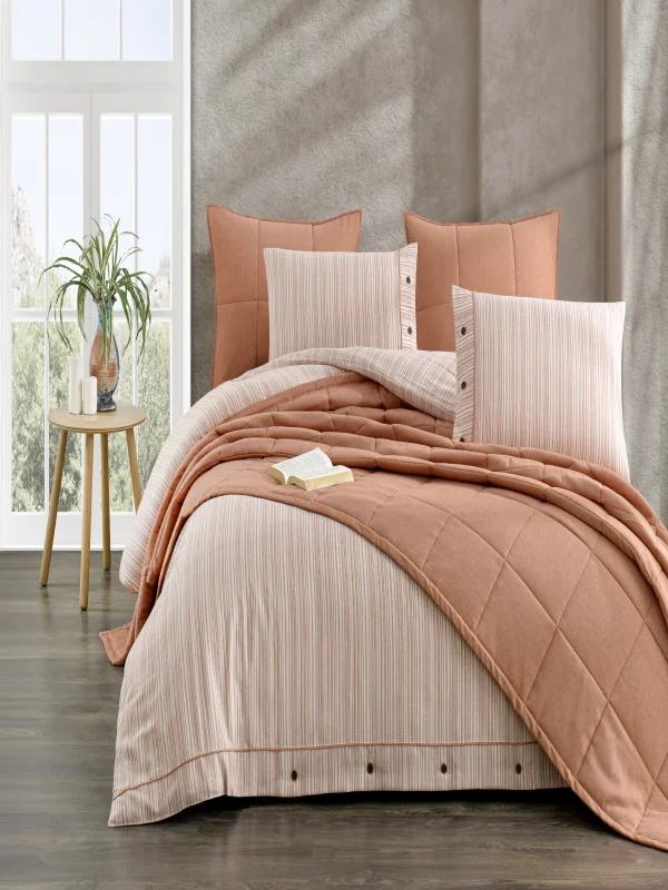 Zebra Casa Olive 7 Parça Yatak Örtüsü Seti Çift Kişilik-Kiremit