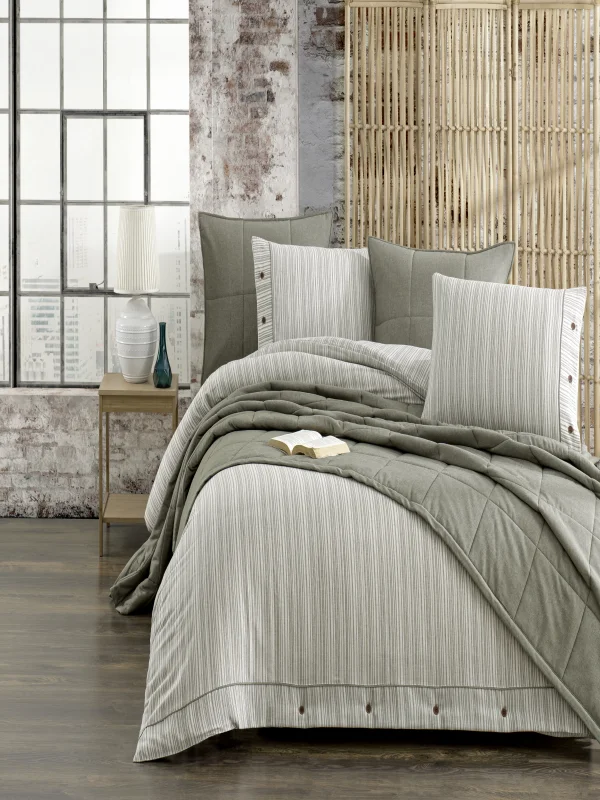 Zebra Casa Olive 7 Parça Yatak Örtüsü Seti Çift Kişilik-Yeşil