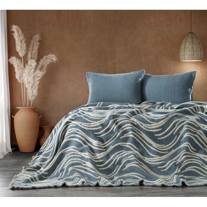 Zebra Casa Mabelle 3 Parça Müslin Yatak Örtüsü Çift Kişilik-İndigo