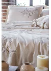 EcoCotton Libera Çift Kişilik Nevresim Takımı %100 Pamuk Keten Süzene Nakışlı-Krem/Bej